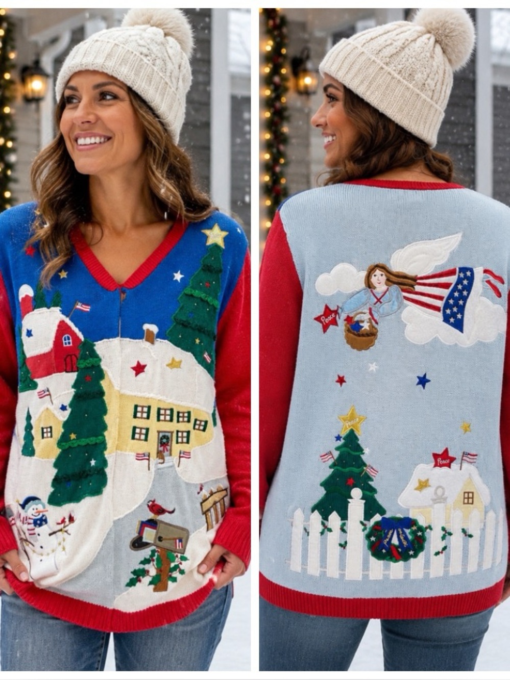 Ugly Christmas Sweater Cardigan The Quacker Factory Snowy Village Angel Sz 1X